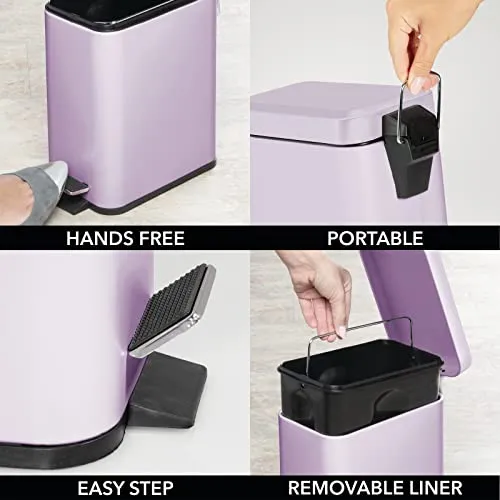 mDesign Small Modern 1.3 Gallon Rectangle Metal Lidded Step Trash Can, Compact Garbage Bin with Removable Liner Bucket and Handle for Bathroom, Kitchen, Craft Room, Office, Garage - Light Purple