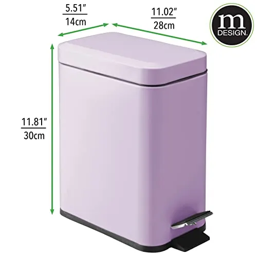 mDesign Small Modern 1.3 Gallon Rectangle Metal Lidded Step Trash Can, Compact Garbage Bin with Removable Liner Bucket and Handle for Bathroom, Kitchen, Craft Room, Office, Garage - Light Purple