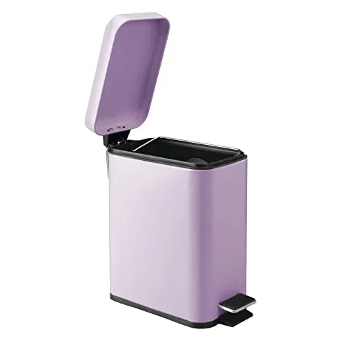 mDesign Small Modern 1.3 Gallon Rectangle Metal Lidded Step Trash Can, Compact Garbage Bin with Removable Liner Bucket and Handle for Bathroom, Kitchen, Craft Room, Office, Garage - Light Purple