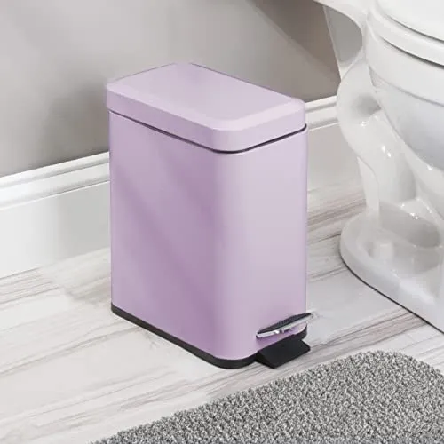 mDesign Small Modern 1.3 Gallon Rectangle Metal Lidded Step Trash Can, Compact Garbage Bin with Removable Liner Bucket and Handle for Bathroom, Kitchen, Craft Room, Office, Garage - Light Purple
