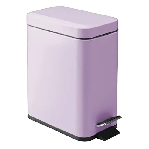 mDesign Small Modern 1.3 Gallon Rectangle Metal Lidded Step Trash Can, Compact Garbage Bin with Removable Liner Bucket and Handle for Bathroom, Kitchen, Craft Room, Office, Garage - Light Purple