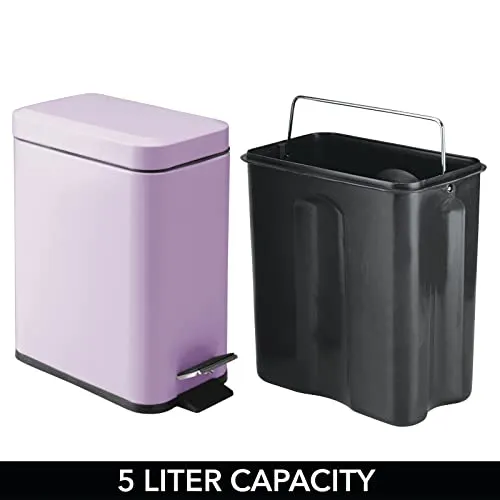 mDesign Small Modern 1.3 Gallon Rectangle Metal Lidded Step Trash Can, Compact Garbage Bin with Removable Liner Bucket and Handle for Bathroom, Kitchen, Craft Room, Office, Garage - Light Purple