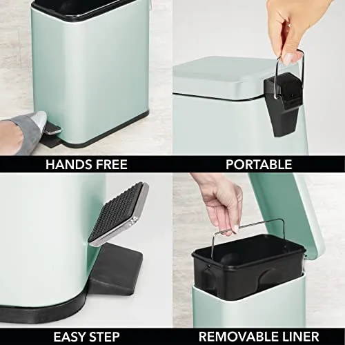 mDesign Small Modern 1.3 Gallon Rectangle Metal Lidded Step Trash Can, Compact Garbage Bin with Removable Liner Bucket and Handle for Bathroom, Kitchen, Craft Room, Office, Garage - Mint Green
