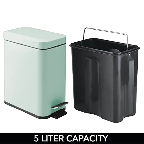 mDesign Small Modern 1.3 Gallon Rectangle Metal Lidded Step Trash Can, Compact Garbage Bin with Removable Liner Bucket and Handle for Bathroom, Kitchen, Craft Room, Office, Garage - Mint Green