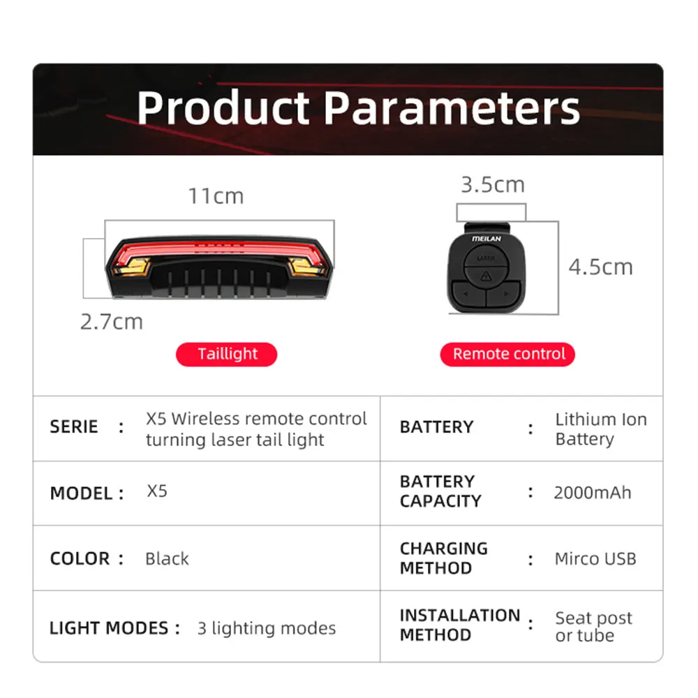 Meilan Smart Bike Tail, Brake Light, Indicators and Laser - Wireless - USB Charge