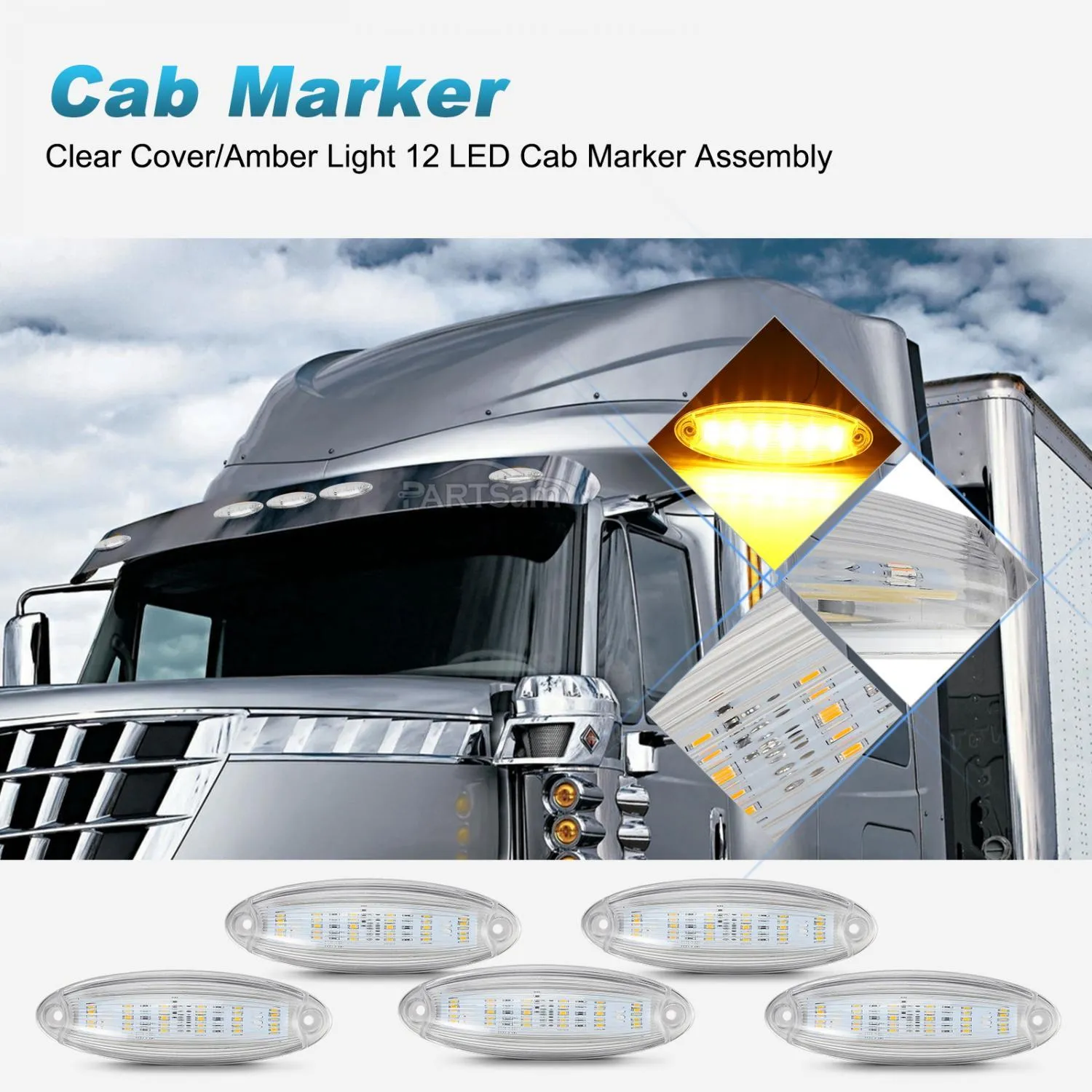 Partsam 5pcs Clear Lens Cab Clearance Roof Running Top Marker Lights Amber Yellow 6LED Amber Lights Assembly Waterproof Compatible with Freightliner Cascadia Heavy Duty Trucks