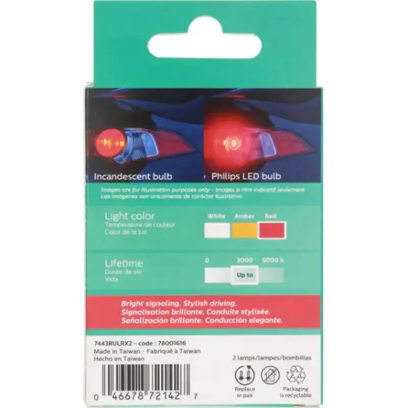 Philips 7443RULRX2 Red LED Bright Reverse Back Up Tail Brake Stop Turn Light Bulb pair