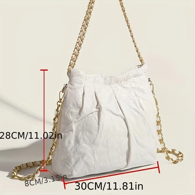 realaiot  Classic Ruched Trash Bucket Bag, Trendy Chain Crossbody Bag, Women's Niche Design Shoulder Bag