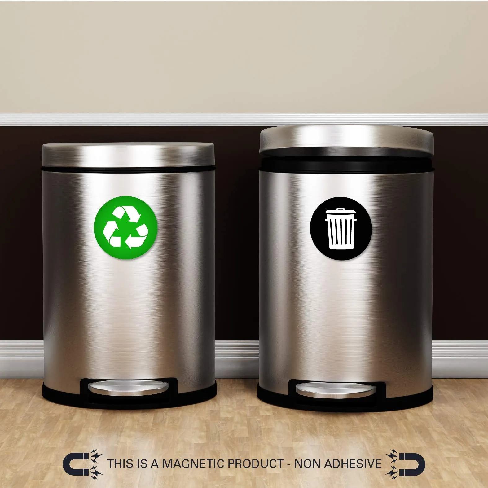 Recycle and Trash Logo Magnetic Sticker 4in x 4in - Organize Trash - for Metal cans, containers and Bins - Home or Office - Premium Magnet (Small, Green - Magnetic)
