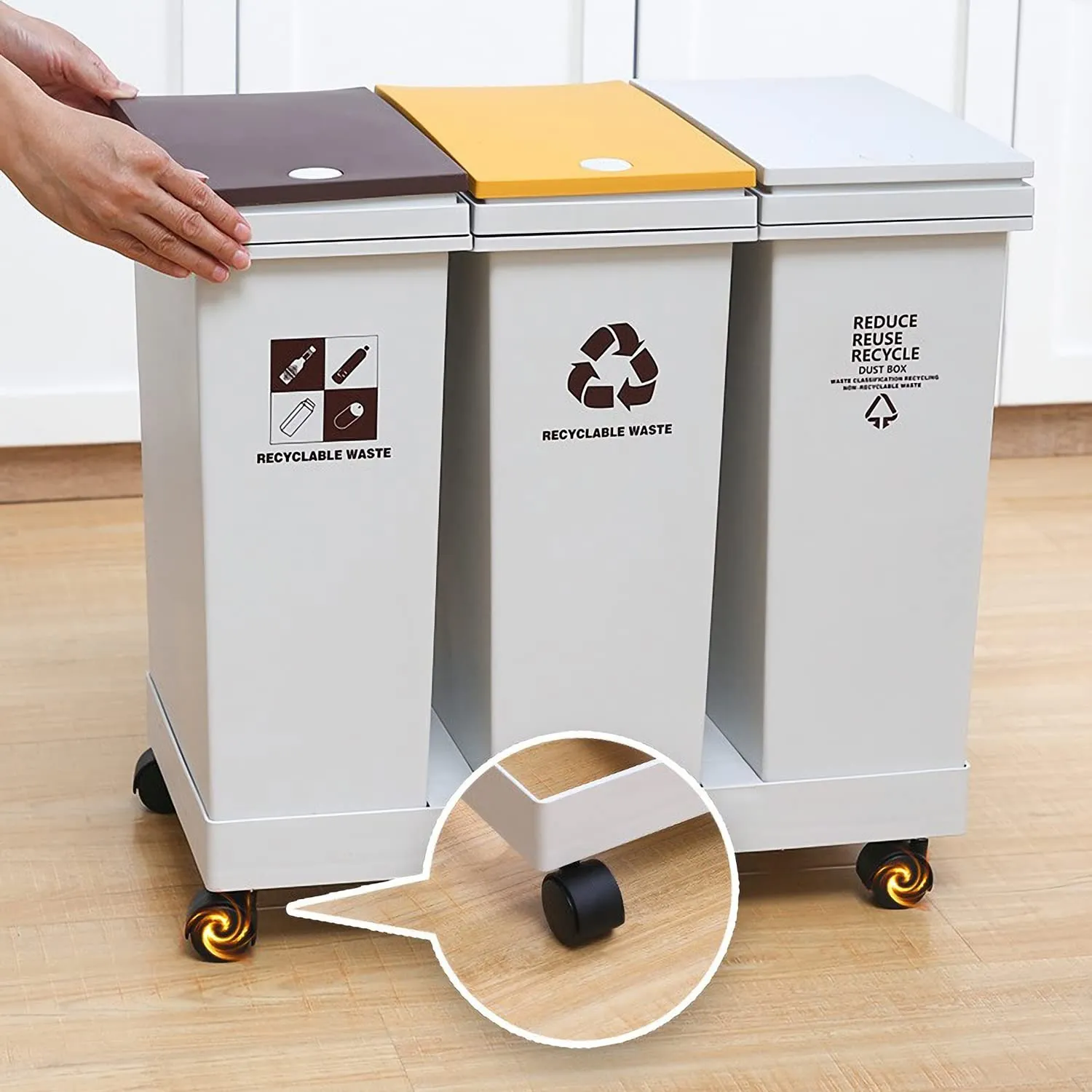 Recycle Kitchen Trash Can 20L x 3 Sorting Waste Bin with Lid Total 16 Gallon, 60L