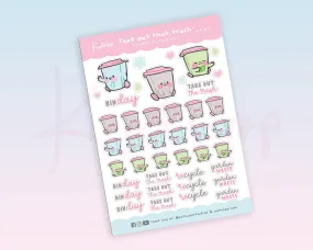 Take Out the Trash Sticker Sheet | Kawaii Bin Day Planner Stickers | Recycling & Waste Reminder Stickers | BIN001
