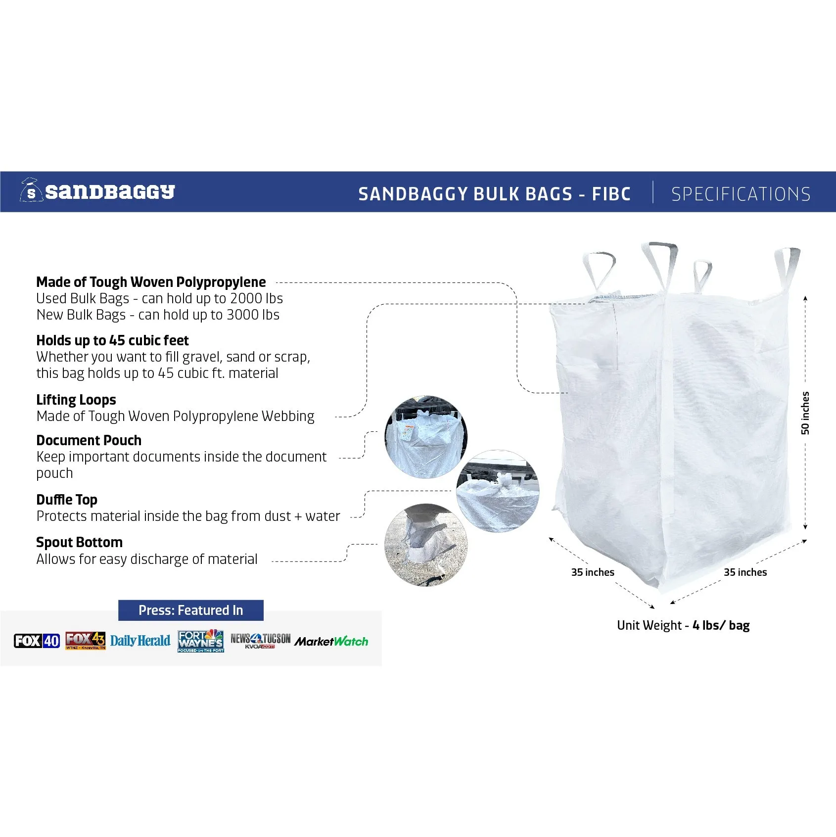 Used FIBC Bulk Bags - 35" x 35" x 50" - 50% Cheaper Than New Bulk Bags