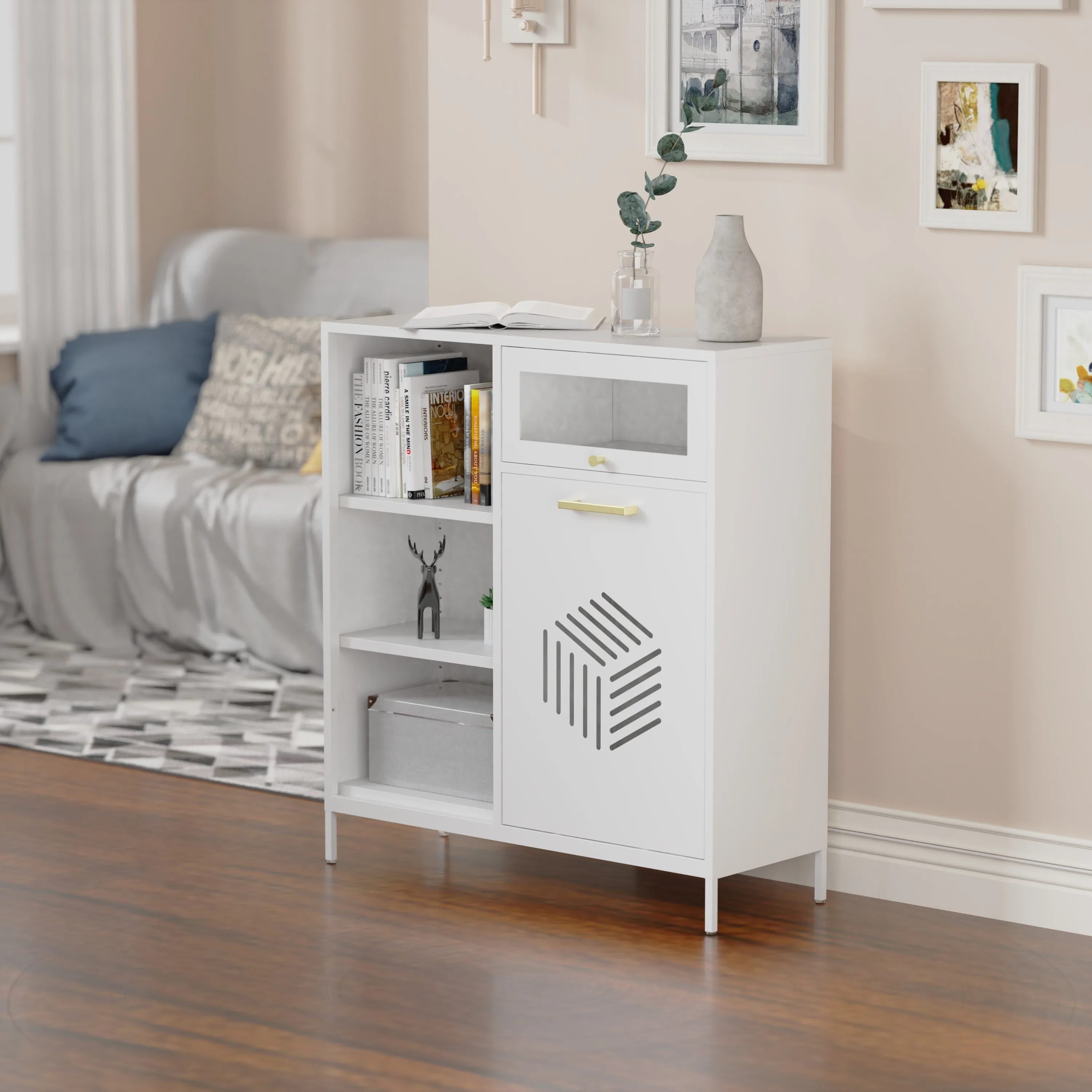 White Tilt-Out Trash Cabinet: Adjustable Shelf, Free-Standing for Kitchen/Bathroom - Recycling/Laundry Basket Storage..