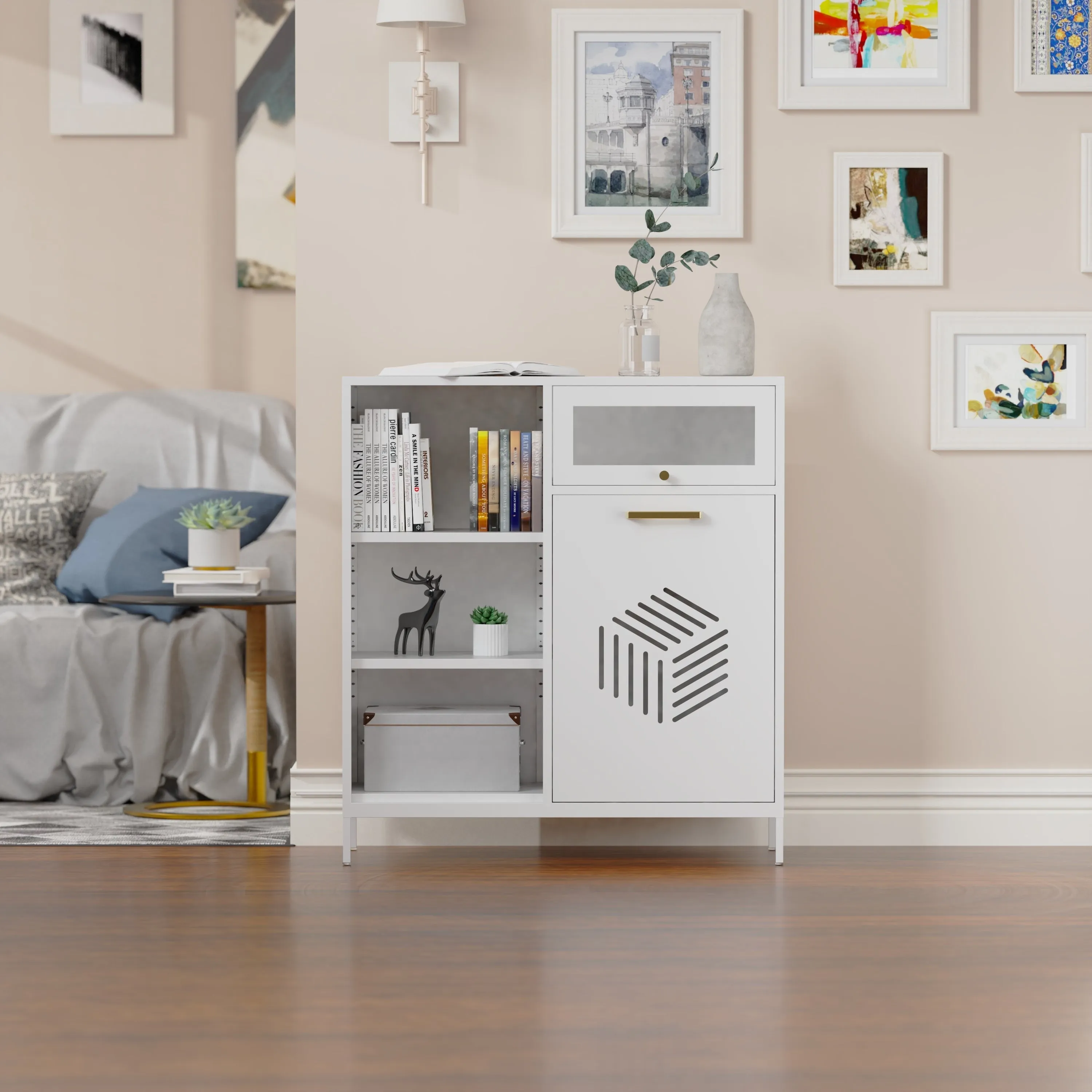 White Tilt-Out Trash Cabinet: Adjustable Shelf, Free-Standing for Kitchen/Bathroom - Recycling/Laundry Basket Storage..