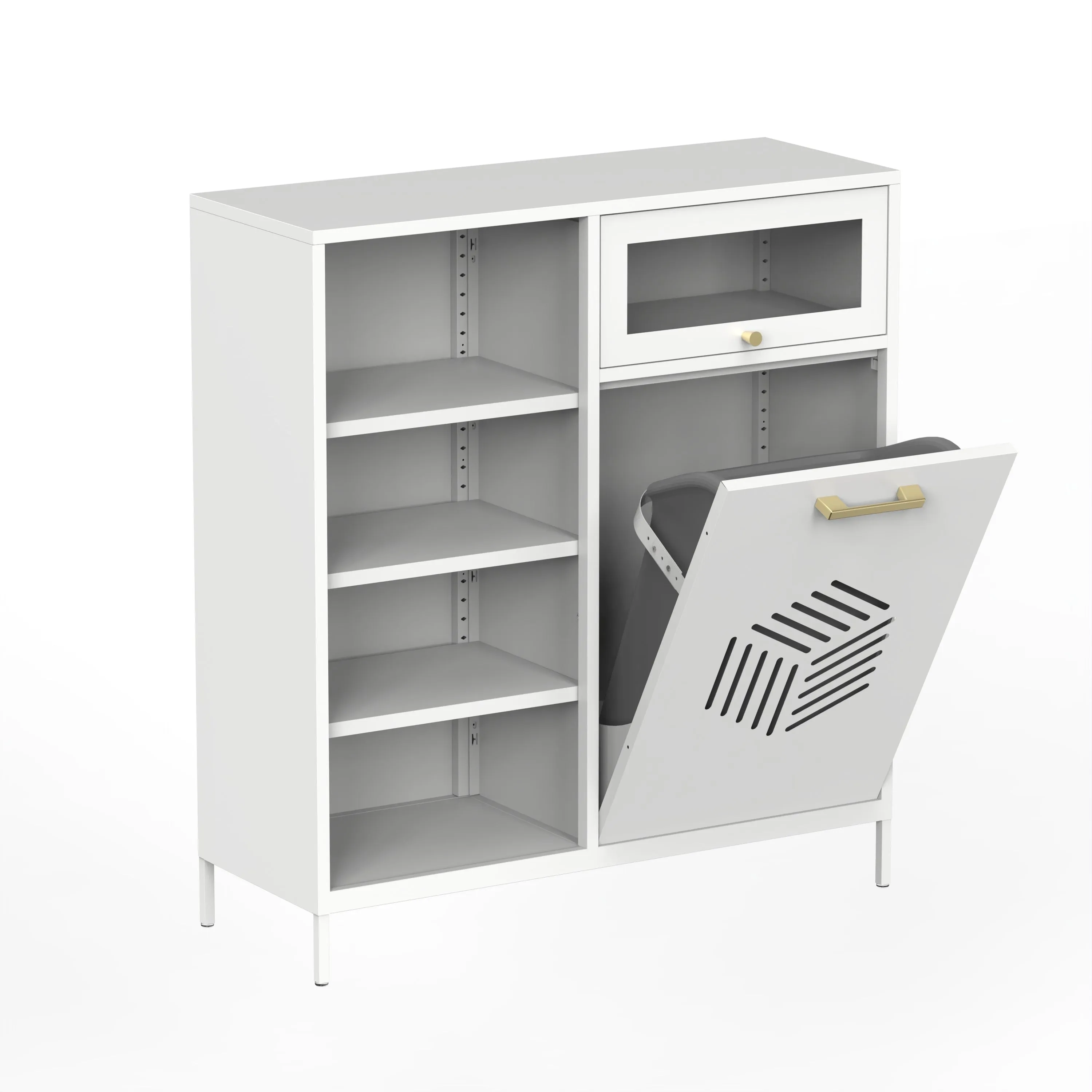 White Tilt-Out Trash Cabinet: Adjustable Shelf, Free-Standing for Kitchen/Bathroom - Recycling/Laundry Basket Storage..